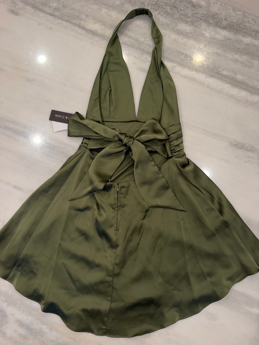 Olive Halter V-Neck Satin Mini Dress - L - Picture 6 of 9